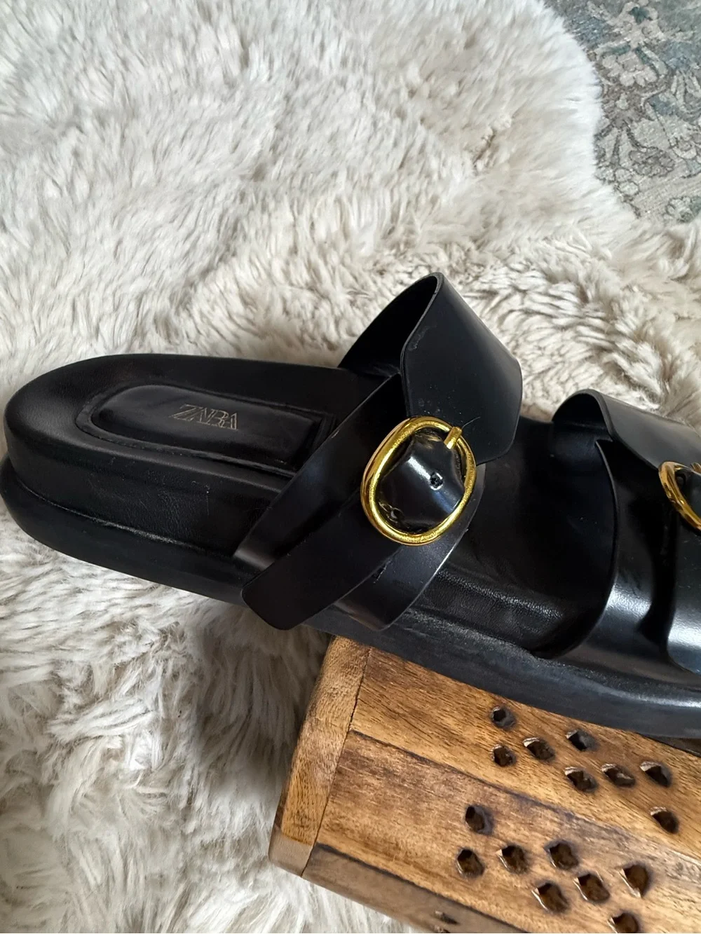 Zara Black Slide Sandals with Gold Buckles - Women's 39 - Picture 7 of 11